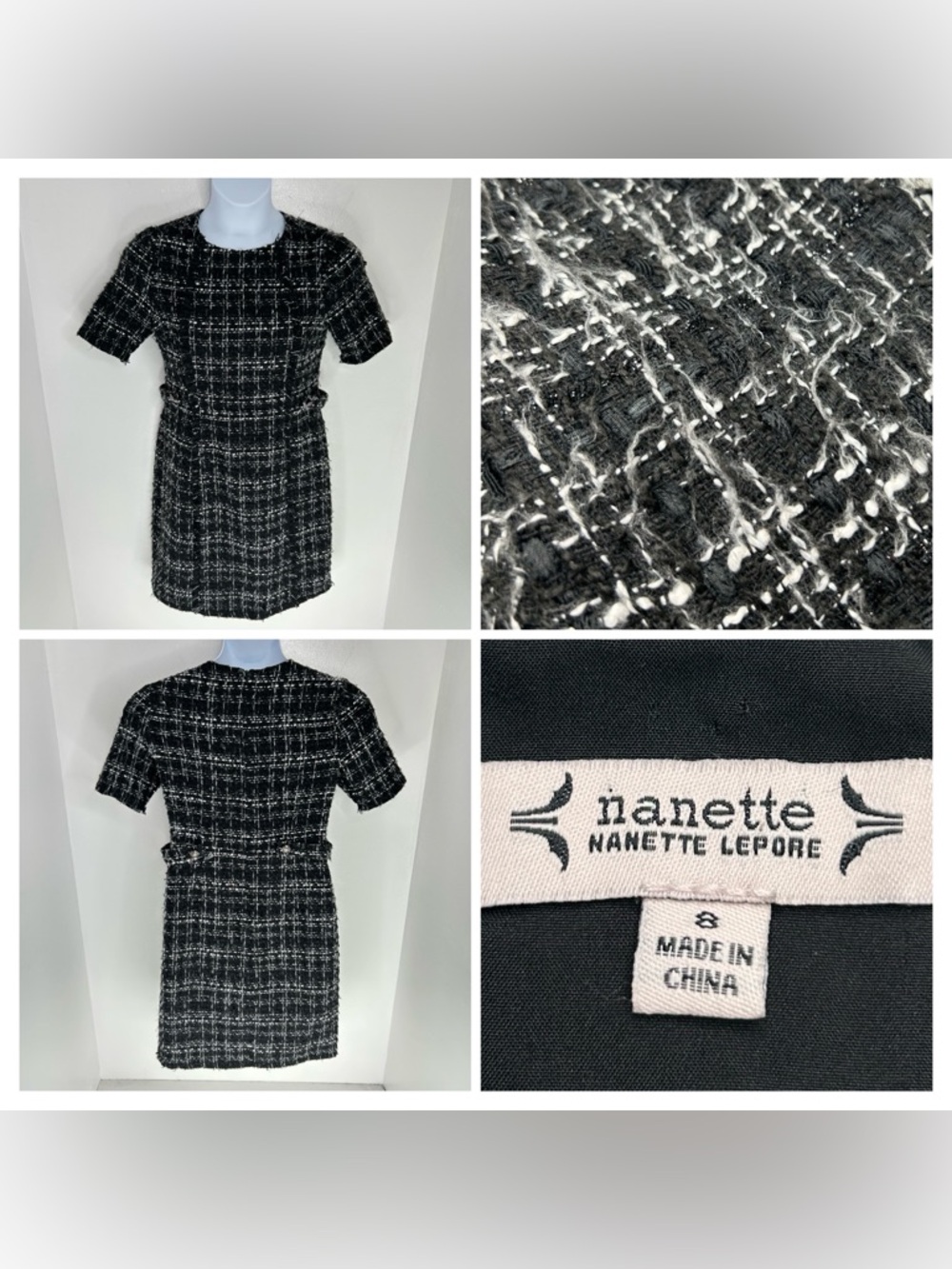 Nanette Lepore Tweed Dress Size 8 Black White Rugged Corpcore Academia Preppy
